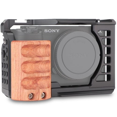 LEFTFOTO ZV-E1 フルカメラケージ 木製ハンドル付き Sony Alpha ZV-E1 ビデオ撮影フレーム用 アルカタイプベース 3/8インチ ARRIホール デュアルロック オールインワンデザイン