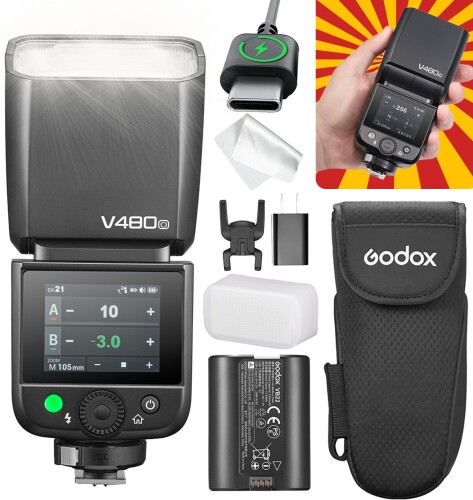 Godox V480O TTLリチウムイオンカメラフラッシュ V480-O手当たりダイアログボックス付き添い人閃光電球 2inの手当たり式色つや画面 内蔵LEDモデリング照明ランプ 10度合いで明るさ TTL自動小銃発しる 2.4GHz無線電話 650回のフ