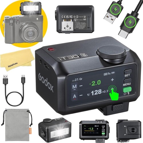 Godox iT30Pro S 超軽量ミニTTLフラッシュ、2.4GHzワイヤレス、HSS 1/8000s、内蔵ディフューザー、タッチスクリーン、Sonyカメラ用 - ブラック