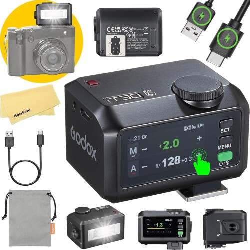 Godox iT30Pro C 超軽量ミニTTLフラッシュ、2.4GHzワイヤレス、HSS 1/8000s、内蔵ディフューザー、タッチスクリーン、リチウム電池付き、Canonカメラ用、ブラックカラー