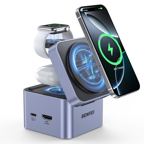 BENFEI 3-in-1 折りたたみ式 MagSafe 充電スタンド USB-C ハブ付き、iPhone 16/15/14/13/12、Apple Watch および AirPods 用ワイヤレス充電ステーション。HDMI（4K@60Hz）、100W PD、USB 3.0（5Gbps）×2 対応