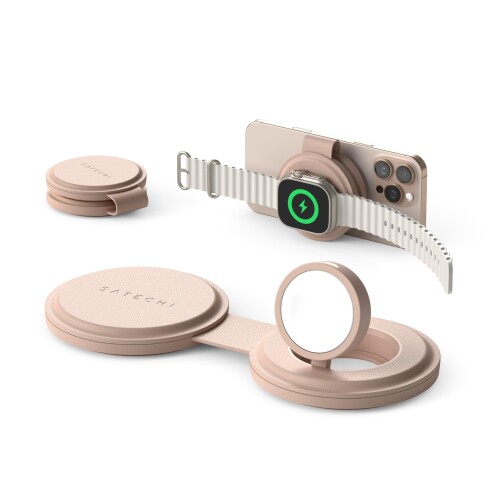 SATECHI OntheGoTM 2 in 1 ワイヤレス充電器 Qi2 ポータブル 3台同時 充電器 1mケーブル付 iPhone 17～12 シリーズ用 15W 急速充電、Apple Watch 用 5W、AirPods 用 5W、マグネット式トラベル充電ステーショ