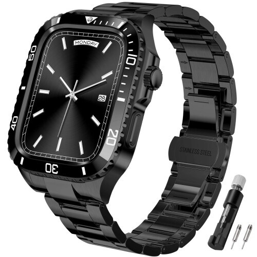 OOULOVE コンパチブル Apple Watch バンド ケース付き 一体型 アップルウォッチ 9/8/7 45mm SE2/6/5/4/SE 44mm対応 耐衝撃性 耐久性 アップルウォッチ バンド ステンレス鋼 メタル ケース メンズ Watch