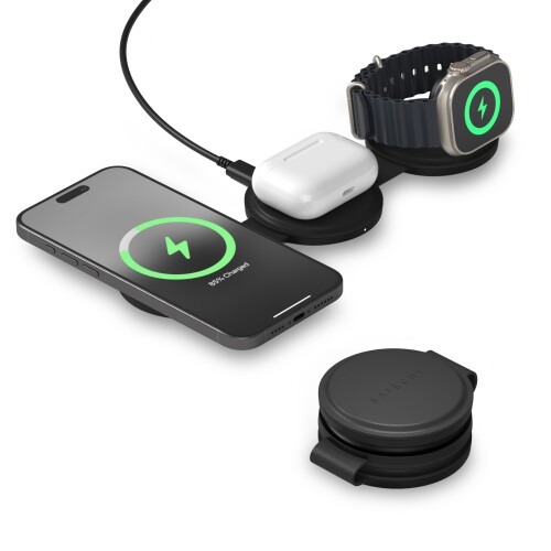 SATECHI OntheGoTM 3 in 1 ワイヤレス充電器 Qi2 ポータブル 3台同時 充電器1mケーブル付 iPhone 17～12 シリーズ用 15W 急速充電、Apple Watch 用 5W、AirPods 用 5W、マグネット式トラベル充電ステーショ