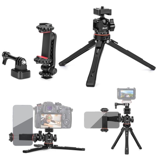 Zeadio ヘビーデューティーメタル製三脚架架一揃いの道具：360°球ヘッドマウント・スマホクリップ・アクションカメラアダプター嘱する - かっこ良い電話機、Vlog、写真機、ジンバル、動きカメ