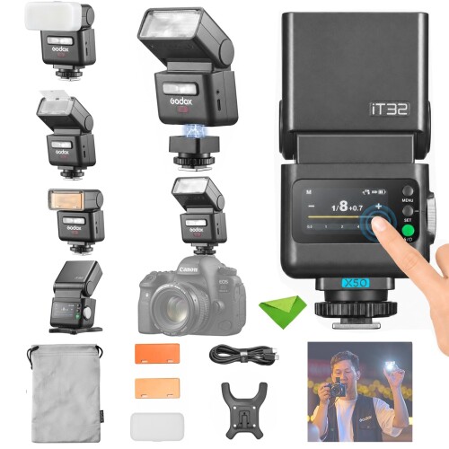Godox IT32 TTL閃光電球+X5O、オリンパス/パナソニック写真機用、タッチスクリーンスピードライト、2.4G無線電話、GN18、再利用ひと休み1.5秒、磁石式界面、オン/オ