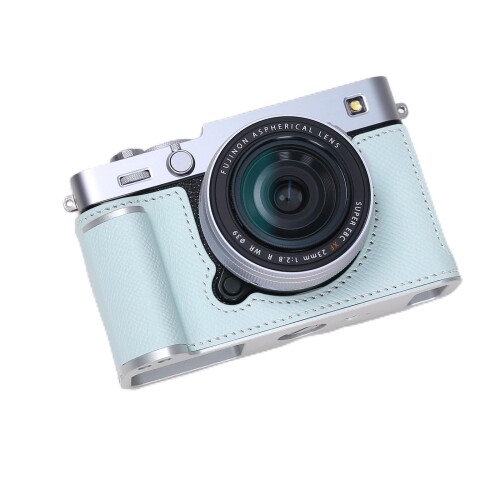 RYDSCAM カメラケース 、 対応 FUJIFILM FUJI 富士 X-E5 XE5 、 専用本革 カメラカバー 、 銀付本革本体手作り 、 一体型一枚板アルミニウム合金ベースプレート搭載 (水色)｜まばし商店