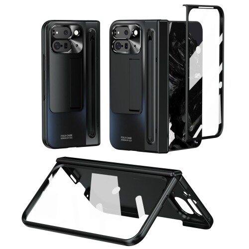 GG Pxl 10 Pro Fold / 9 Pro Fold専用 多機能統合型 ケース 全面保護+強化ガラスフィルム+きんぞくラッカ+ペン 隠しスタンド機能 ヒンジ保護 ワイヤレス充電サポート 手帳型 携帯カバー 薄型 軽