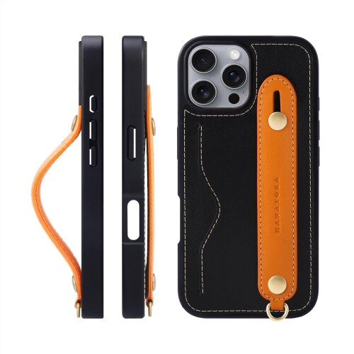 HANATORA for iPhone 16Pro 容れもの 本革 耐衝撃 うしろ側三尺帯 ストラップリング スマホケース スマホ 照明ランプ役立つこと ネックストラップ 付き添い人 イタリアンなめし革 差し上げ物 黒いこと+オレンジ色 CGH-16Pro-Black