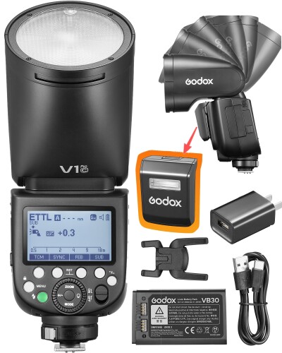 GODOX V1Pro-C TTL リチウムイオン丸頭カメラフラッシュ、1/8000HSS 76W 2.4GTTL フラッシュ、スプリットサブフラッシュデザイン、内蔵 2W LED モデリングライト、Type-C 充電ポート、VB30 リチウム電
