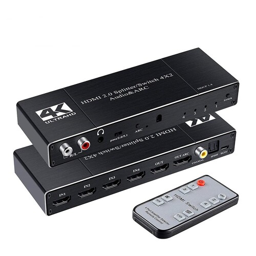 4x2 HDMI2.0オーディオおよびARCスイッチ4in 2 out HDMIスイッチャースプリッター、3.5mm L/R同軸光ポート、IRリモートコントロール付き
