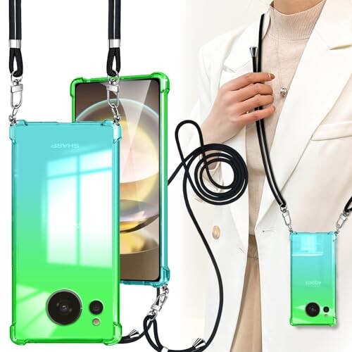 AQUOS R8 ケース ショルダー クリア SH-52D カバー 耐衝撃 TPU 肩がけ 首掛け 紐付き 薄型 縄掛け ケース 斜めかけケース 軽量 取り外し可能 調節可能な ショルダー 肩がけ 首掛け 紐付き 緑緑+画像