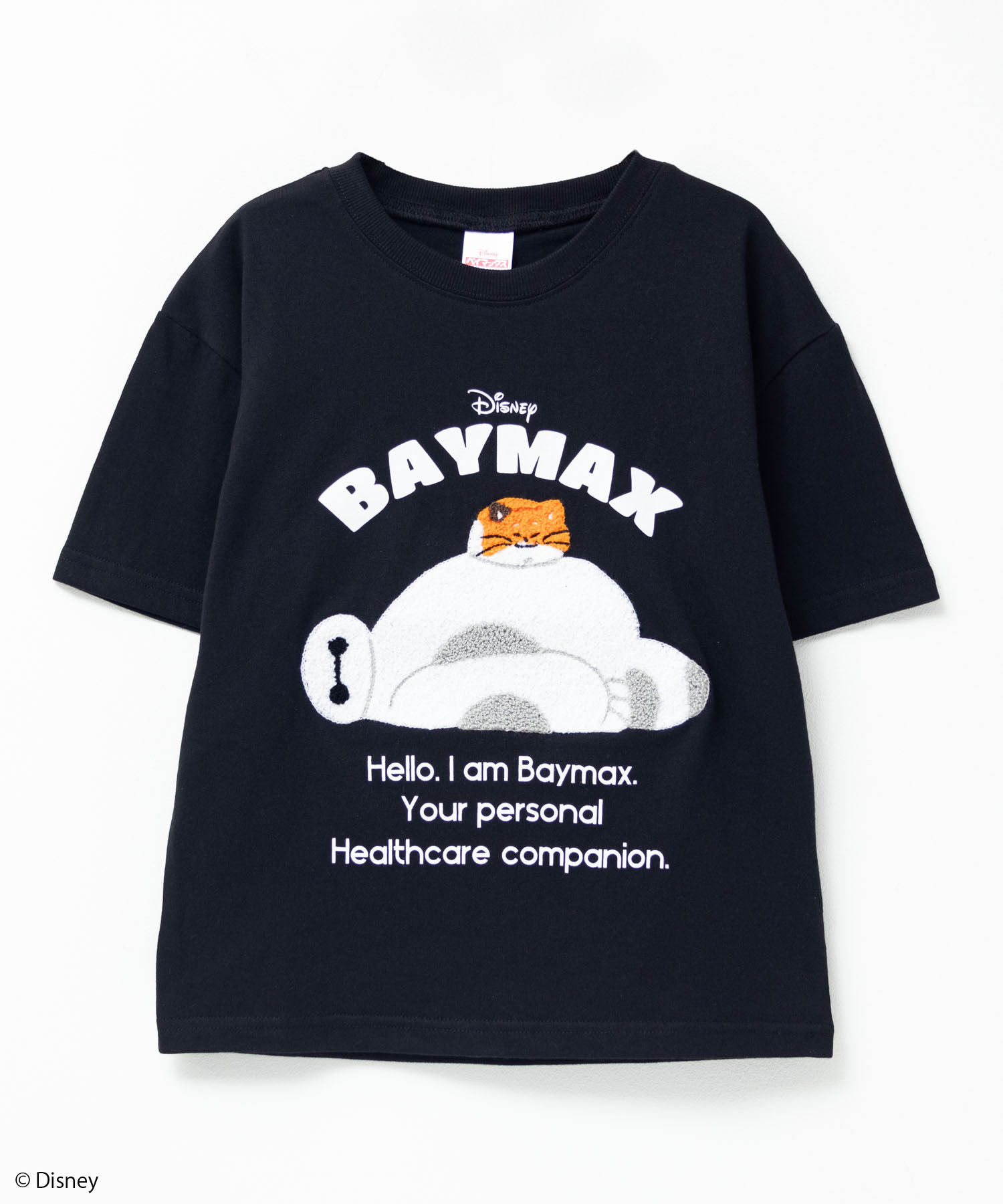 [88h限定割引 15日P5倍・クーポン割]ディズニー Disney ベイマックス Tシャツ 子供服 男の子 キッズ 半袖 綿混 ボーイズ トップス キャラクター プリント さがら刺繍 ネームタグ 黒 クルーネック カットソー画像