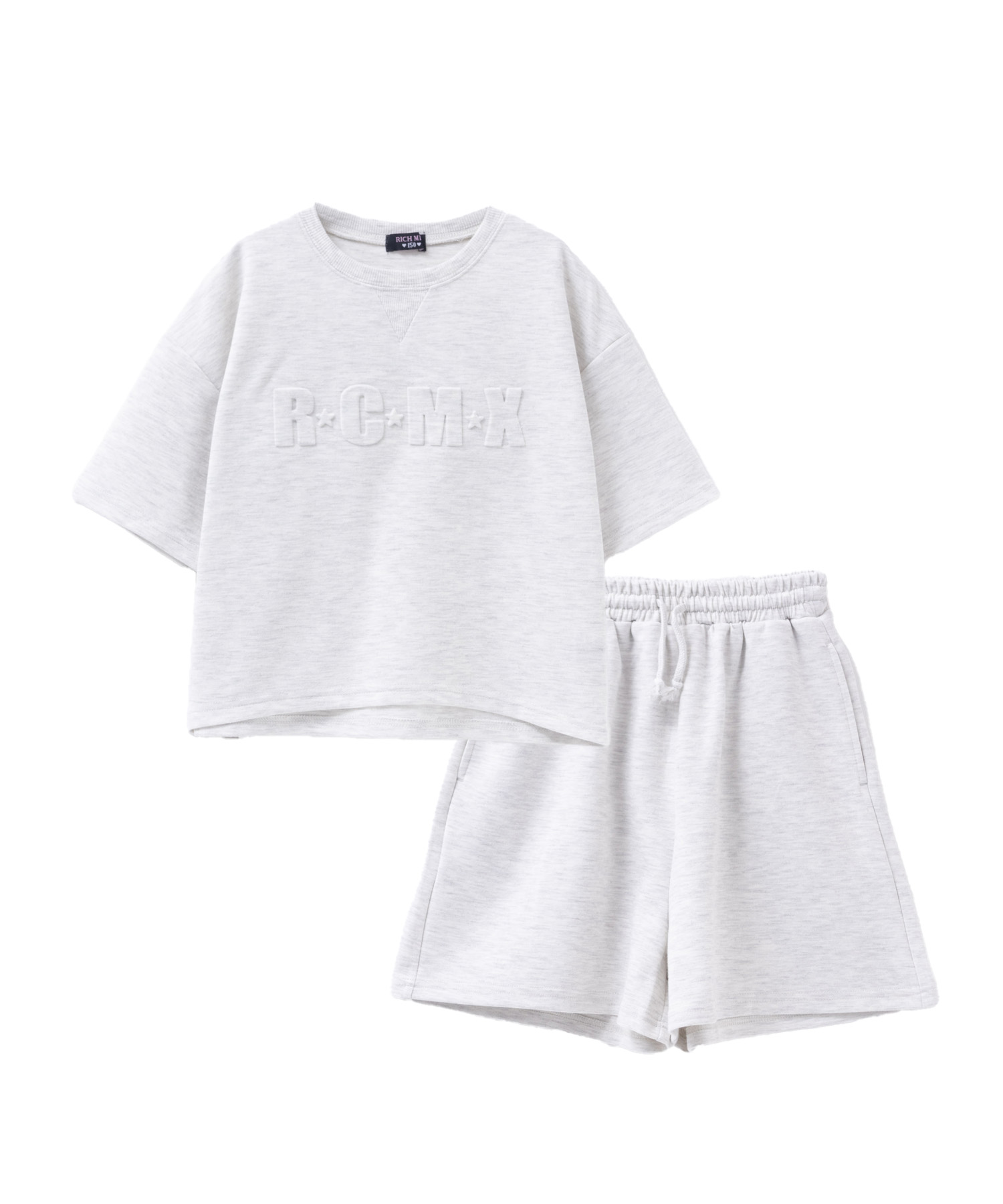 [終了間近！全品P5倍＆最大25%OFF]リッチミックス RICH MIX 半袖Tシャツ ショートパンツ セットアップ 子供服 女の子 キッズ ポンチ素材 ガールズ トップス ロゴ エンボスプリント ネームタグ クルーネック カットソー キュロット画像