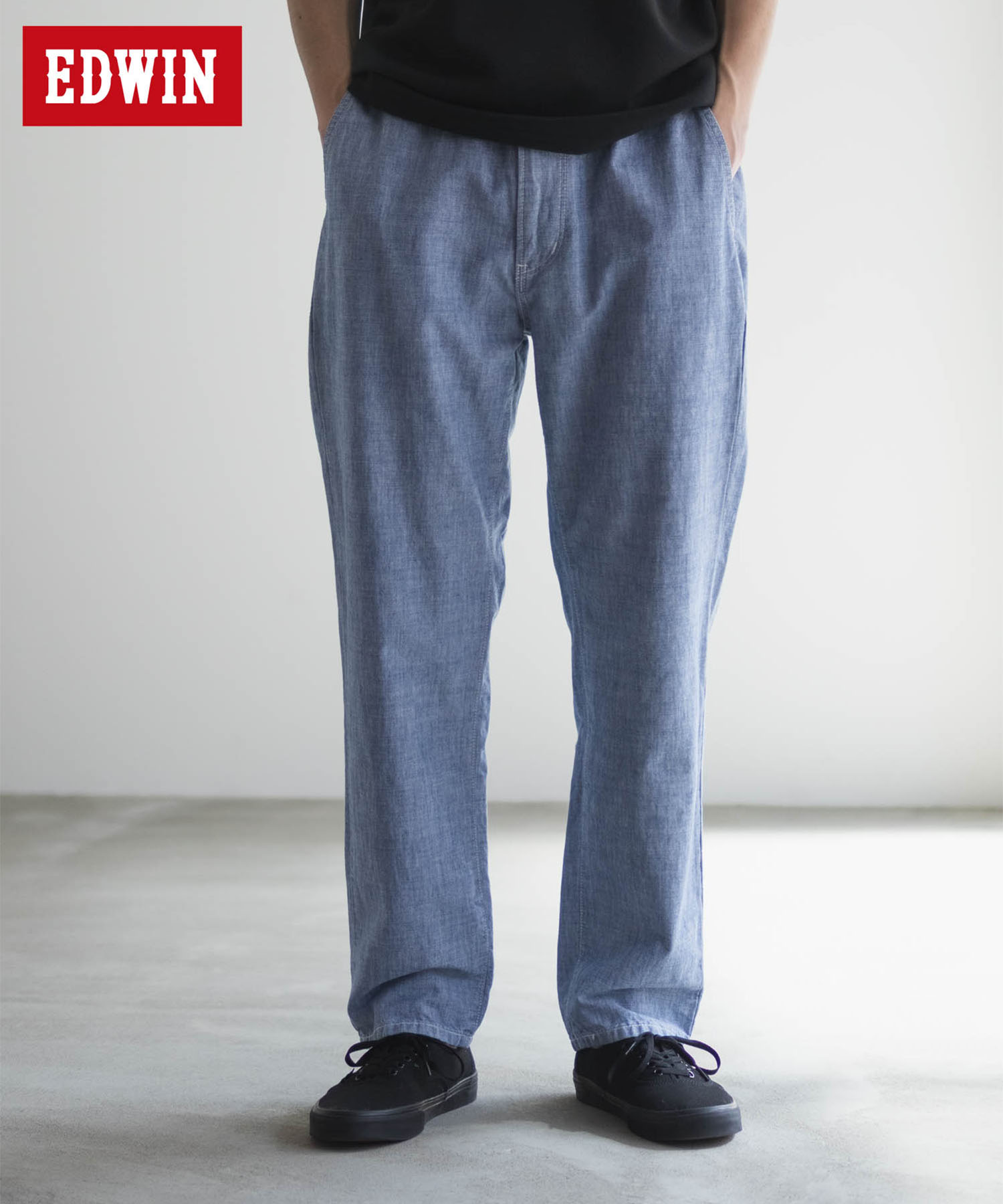 EDWIN エドウィン デニムパンツ メンズ 吸湿性 速乾性 ドライ ストレッチ ジーンズ ジーパン フロントジップ 前開き ボトムス ウエストゴム 紐 ポケット ストレートパンツ ロングパンツ