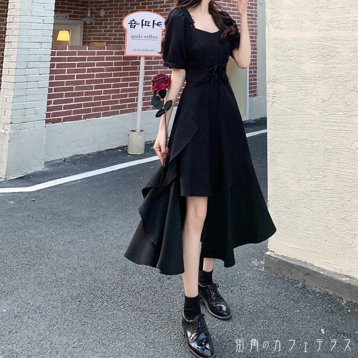 レディース ワンピース ミドル丈 ミディアム丈 オフショルダー アシンメトリー こなれ感 スクエアネック 抜け感 大人かわいい 半袖 ブラック 黒 20代 30代 40代 通勤 通学 オフィス お出掛け 女子会 お呼ばれ 春夏