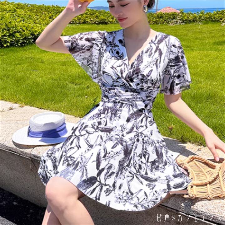 水着ビキニ スイムウェア10代 モノキニ ワンピース 袖あり 半袖 Vネック パッド付き Aライン フレア かわいい きれいめ コンサバ シンプル カジュアル 華やか 大人っぽい おしゃれ 主役級 存在感 ガーリー 個性的 モード系 花柄 10代 20代 30代 40代 レディース 女性用 夏
