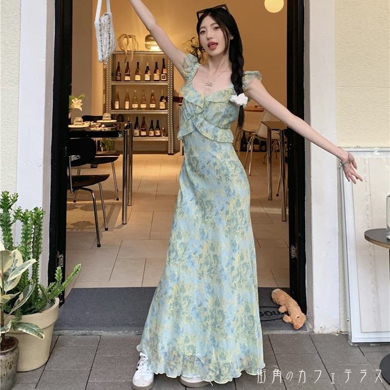レディース ドレス パーティードレス ワンピース ロング丈 マキシ丈 キャミソールワンピース キャミワンピ シンプル きれいめ シアープリント 抜け感 大人かわいい ノースリーブ グリーン 緑 結婚式 ２次会 お呼ばれ パーティー お食事会 ディナー ランチ お出かけ 春夏