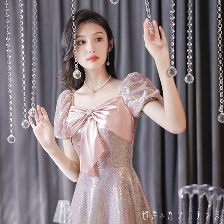 レディース ドレス パーティードレス ワンピース ロング丈 マキシ丈 Aライン キュート プリンセス オフショルダー リボン 大人かわいい 清楚 上品 きれいめ ふんわり袖 半袖 ピンク 結婚式 ２次会 お呼ばれ パーティー お食事会 ディナー ランチ お出かけ 春夏