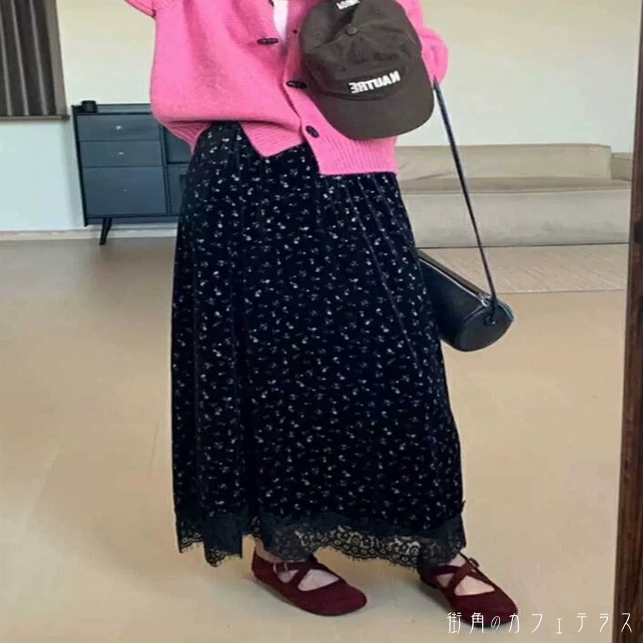 ロングスカート マキシ丈 フレア Aライン ハイウエスト 伸縮性 ウエストゴム 厚手 ベロア レース かわいい 大人可愛い きれいめ カジュアル 大人 上品 おしゃれ お洒落 レトロ こなれ感 コンサバ系 ラフ 抜け感 レディライク ガーリー フェミニン 花柄 冬 誕生日会 10代 20代