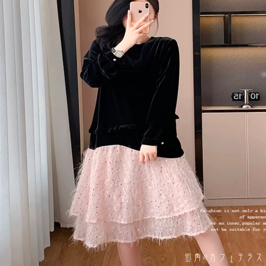 ロングワンピ ひざ丈 ミモレ 大きい ゆったり ゆる オーバーサイズ プラスサイズ ぽっちゃり 長袖 Uネック Aライン フレア プルオーバー ティアードフリル 異素材切り替え エレガント 可愛い 大人可愛い きれいめ シンプル カジュアル シック コンサバ 華やか 大人 上品｜街角のカフェテラス 店
