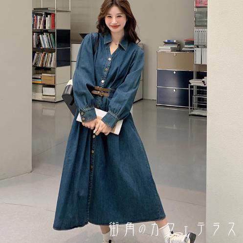 ロングワンピ マキシ 長袖 Vネック 襟付き Aライン フレア デニム 可愛い 大人可愛い シンプル カジュアル コンサバ おしゃれ 主役級 こなれ感 ガーリー 無地 秋 レディース 女性用 ママ 20代 30代 40代 デート お出かけ 女子会 お呼ばれ 休日 お茶会 授業参観 普段使い 9,266円