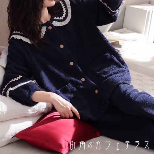 パジャマ 4色 ナイトウェア ルームウェア 2点セット トップス パンツ ボトム もこもこ ふわふわ 厚手 あったか 寒さ対策 長袖 Vネック 襟付き Aライン フレア ボタン フリル 厚手生地 フリース 可愛い 大人可愛い きれいめ シンプル カジュアル コンサバ 華やか 大人 上品