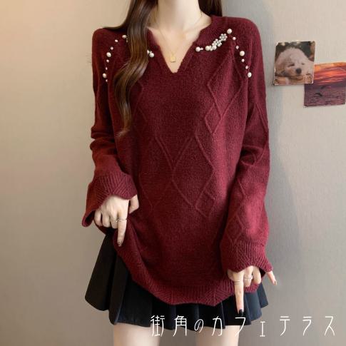 セーター 3色 Aライン フレア プルオーバー ビジュー キラキラ 装飾 飾り 30代 40代 女性用 レディース ママ ロング丈 ゆったり 長袖 Vネック 厚手生地 防寒 あったか 温かい リブニット かわいい 大人可愛い 大人女子 こなれ感 シンプル カジュアル 大人 上品 おしゃれ