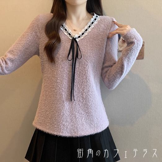 セーター 3色 リブニット 30代 40代 女性用 レディース ママ 長袖 Vネック Aライン フレア プルオーバー リボン あったか 温かい 無地 かわいい 大人可愛い 大人女子 こなれ感 シンプル カジュアル 大人 上品 おしゃれ お洒落 ラフ コンサバ フェミニン ガーリー デート