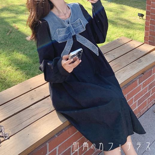 ロングワンピ 異素材ドッキング ひざ丈 ゆったり 長袖 Uネック Aライン フレア プルオーバー リボン デニム生地 可愛い 大人可愛い シンプル カジュアル コンサバ 華やか 大人 おしゃれ お洒落 レトロ 主役級 こなれ感 ガーリー 無地 春 秋 レディース 女性用 ママ 30代 40代