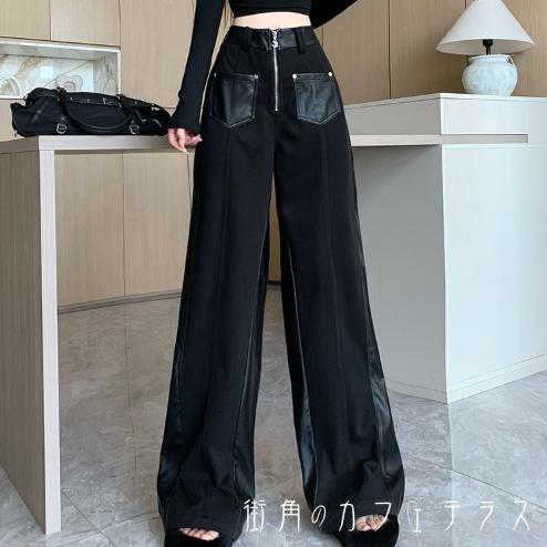 ワイドパンツ フレア Aライン 異素材 レザー装飾 月 ムーン ロング ファスナー 装飾 かわいい シンプル カジュアル 大人 おしゃれ ラフ 着痩せ ヘルシー 無地 冬 30代 40代 レディース 女性用 ママ デート お出かけ 女子会 お呼ばれ 休日 お茶会 授業参観 着回し 普段使い
