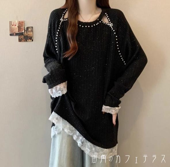セーター 3色 リブニット トップス 30代 40代 女性用 レディース ロング丈 チュニック ゆったり 長袖 ラウンドネック Aライン フレア プルオーバー レース 厚手生地 防寒 あったか 温かい 無地 かわいい 大人可愛い 大人女子 こなれ感 シンプル カジュアル 大人 上品
