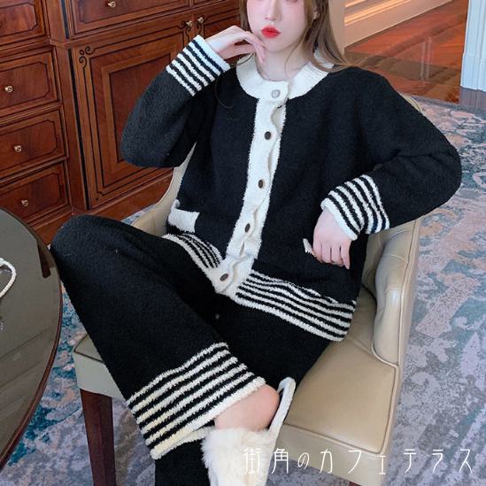 パジャマ 2色 上下セット ナイトウェア ルームウェア トップス パンツ ロング もこもこ ふわふわ 厚手生地 フリース ボア ポケット ボタン ウエストゴム 長袖 Vネック 可愛い 大人可愛い カジュアル コンサバ おしゃれ お洒落 こなれ感 ラグジュアリー 無地 冬 レディース