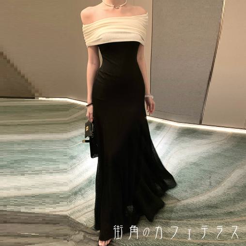 ロングドレス マキシ Aライン フレア プルオーバー ラウンドネック 異素材ドッキング エレガント 可愛い 大人可愛い きれいめ シンプル カジュアル シック コンサバ 華やか 大人 上品 おしゃれ お洒落 主役級 こなれ感 高見え 高級感 フェミニン 無地 秋 冬 30代 40代｜街角のカフェテラス 店