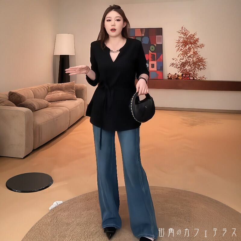 レディース トップス ブラウス Vネック ふんわり袖 シンプル カジュアル きれいめ 大人かわいい 素材組み合わせ ドッキング 体型カバー 二の腕カバー スタイルアップ ウエストシェイプ ロング リボン 長袖 ブラック 黒 20代 30代 40代 通勤 通学 オフィス お出掛け 女子会
