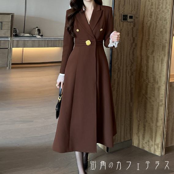 トレンチコート ロングコート アウター 羽織り 厚手 防寒 寒さ対策 長袖 Vネック 襟付き フレア Aライン 飾り ボタン ブラウン 大人カラー ニュアンスカラー かわいい 大人可愛い 綺麗 シンプル カジュアル 大人 上品 おしゃれ お洒落 大人女子 こなれ感 エレガント コンサバ｜街角のカフェテラス 店