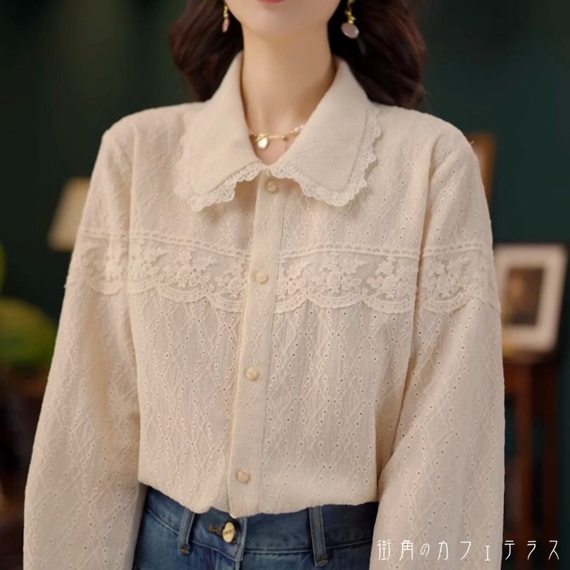 レディース トップス シャツ ブラウス クルーネック レース レトロ 上品 シンプル カジュアル きれいめ 大人かわいい 体型カバー 二の腕カバー スタイルアップ ふんわり袖 長袖 アイボリー 20代 30代 40代 通勤 通学 オフィス お出掛け 女子会 お呼ばれ 春夏