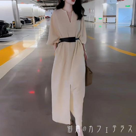 ロングワンピ 2色 マキシ 大きい ゆったり 長袖 Vネック 襟付き Aライン フレア プルオーバー スリット 薄手生地 可愛い カジュアル コンサバ おしゃれ こなれ感 無地 春 レディース 女性用 ママ 20代 30代 40代 デート お出かけ 女子会 お呼ばれ 休日 お茶会 授業参観