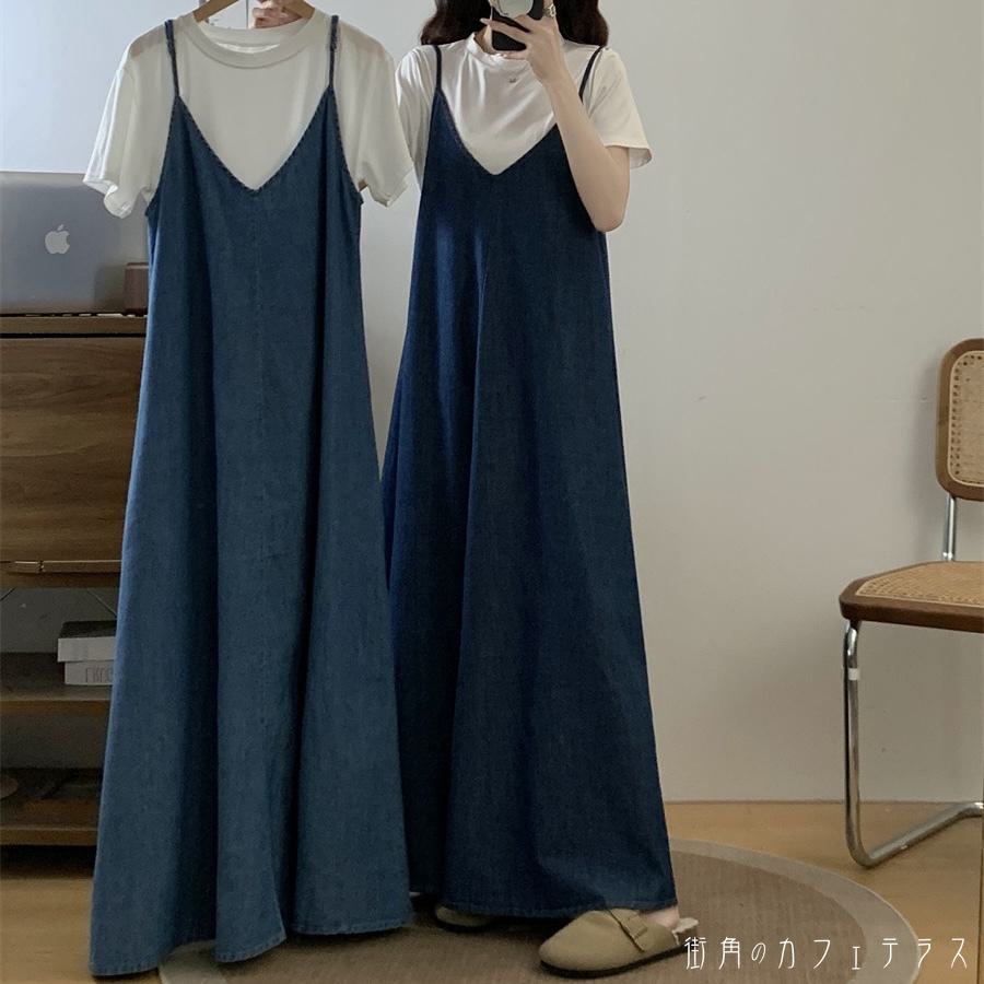 レディース ワンピース Aライン クルーネック ロング丈 マキシ丈 フェイクレイヤード 重ね着風 ドッキング 素材組み合わせ シンプル きれいめ 大人かわいい キュート レトロ こなれ感 体型カバー 二の腕カバー スタイルアップ 半袖 ライトブルー ネイビー 20代 30代 40代