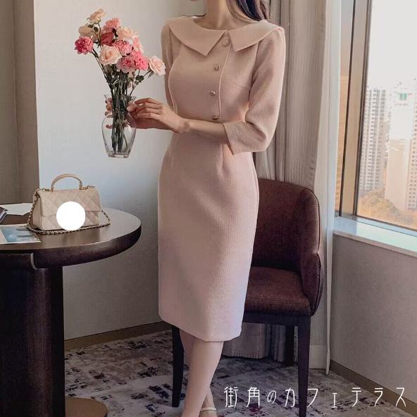 ロングドレス カラードレス ひざ丈 ミモレ ペンシルドレス 長袖 Uネック 襟付き エレガント 可愛い 大人可愛い きれいめ シンプル カジュアル シック コンサバ 華やか 大人 上品 おしゃれ お洒落 主役級 こなれ感 高見え 高級感 フェミニン 無地 春 30代 40代 レディース