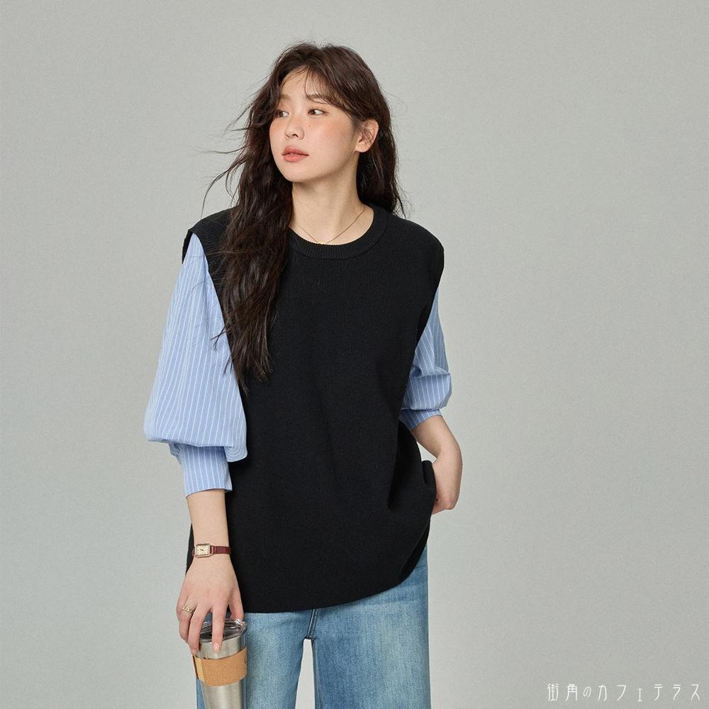 レディース トップス ニット カットソー シャツ ブラウス ベスト クルーネック フェイクレイヤード 重ね着風 カラー切り替え カラーブロック ふんわり袖 体型カバー 二の腕カバー スタイルアップシンプル カジュアル きれいめ 大人かわいい こなれ感 ブラック 長袖 20代 30代