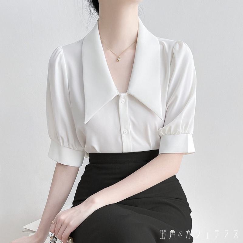 レディース トップス シャツ ブラウス Vネック ふんわり袖 上品 オケージョン シンプル カジュアル きれいめ 大人かわいい 体型カバー 二の腕カバー スタイルアップ ホワイト 半袖 20代 30代 40代 通勤 通学 オフィス お出掛け 女子会 お呼ばれ 春夏