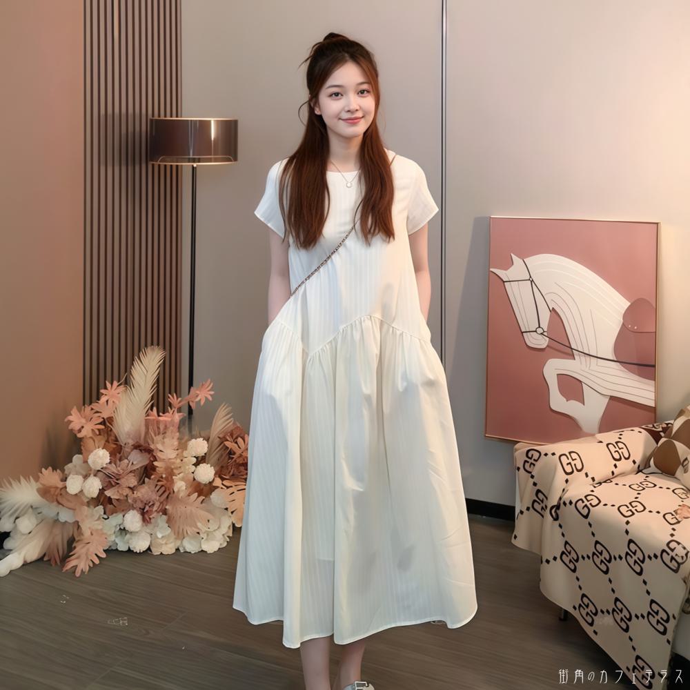 レディース ワンピース Aライン クルーネック ギャザー ゆったり ミドル丈 ミディアム丈 ミモレ丈 ロング丈 シンプル きれいめ 大人かわいい キュート レトロ こなれ感 体型カバー 二の腕カバー スタイルアップ 半袖 ホワイト イエロー ピンク ブラック 20代 30代 40代 通勤
