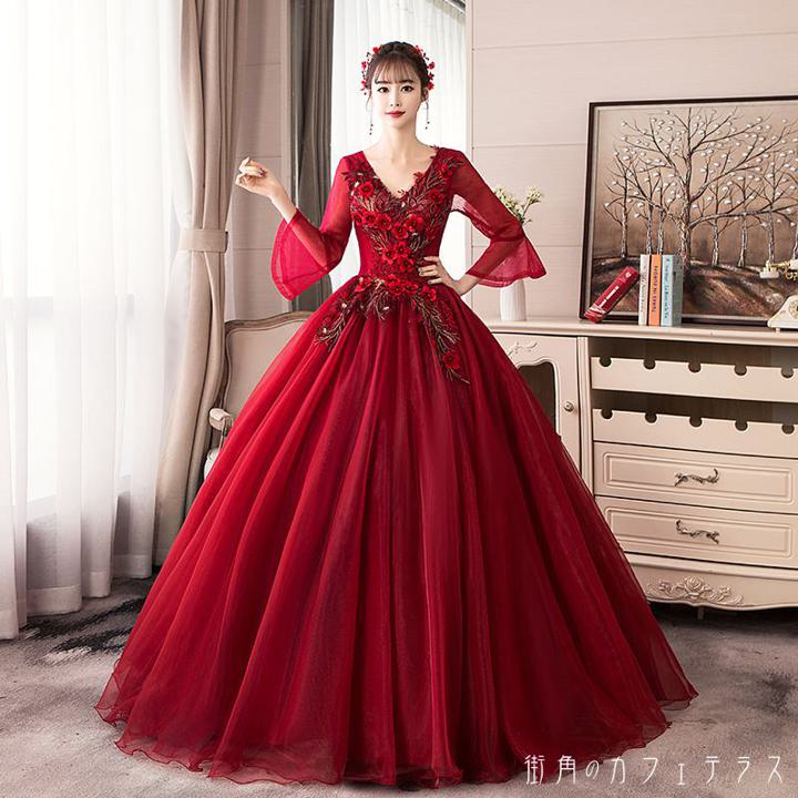 レディース ドレス パーティードレス ワンピース Aライン ロング丈 マキシ丈 Vネック レース プリンセス 礼服 ベルスリーブ 半端袖 キュート レッド 赤 結婚式 ２次会 お呼ばれ パーティー お食事会 ディナー ランチ お出かけ 春秋冬｜街角のカフェテラス 店