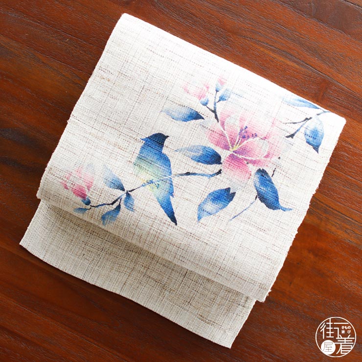 名古屋帯 アマガエル 蛙 刺繍 鶸色 紗 単衣 お仕立て込み baon2407_6.jpg