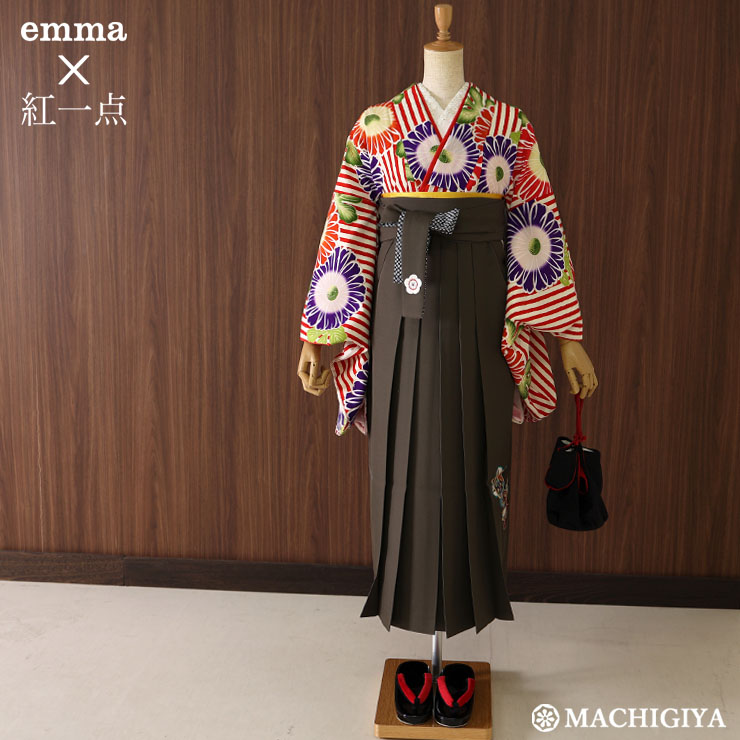 【 レンタル 】大学 卒業式 袴セット 菊にストライプ 赤 紫 チャコール M サイズ 女 emma×紅一点 エマ 九重 モダン レトロ 袴 二尺袖 フルセット 二尺袖 着物 振袖 和服 大学生 卒業 大卒袴 卒業式袴 卒業袴 入学式 往復送料無料 貸衣裳 袴レンタル【K-217】【H-96】(ma601)