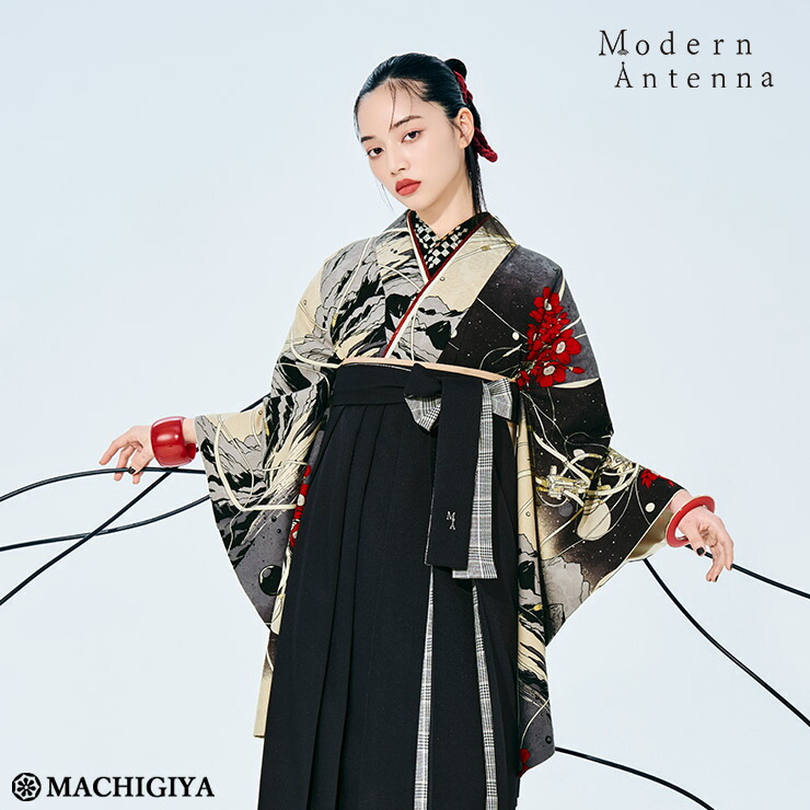 【 レンタル 】大学 卒業式 袴セット 機械のブーケ モノトーン ダークネイビー チェック L 幾何学 Modern Antenna モダンアンテナ 袴 フルセット 二尺袖 着物 振袖 和服 大学生 卒業 大卒袴 卒業式袴 卒業袴 入学式 往復送料無料 貸衣裳 袴レンタル【MN-65/MH-63】ma606s｜街着屋 ～きもの遊び～