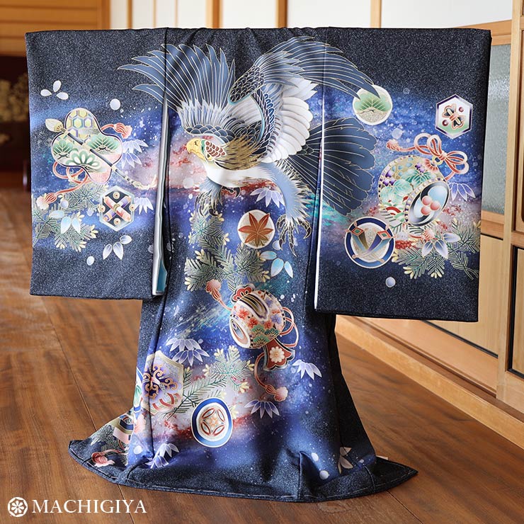 ＼マラソン開催中!／【レンタル】お宮参り 男の子 初着レンタル 宇宙 鷹 黒 紺 産着 一つ身 祝着 お初着 初宮 氏子入り 百日 掛け着 のしめ 赤ちゃん ベビー 新生児 豪華 貸衣裳 銀河 軍配 打ち出の小槌 太鼓 巻物 松 着物レンタル まちぎや きものレンタル (fu309s)