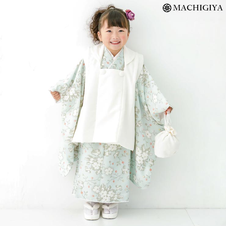 【レンタル】七五三 3歳 女の子 被布 着物 木いちご ミント ホワイト レンタル きもの フルセット 753 女児 子供 キッズ こども 被布セット 着物セット 祝着 振袖 モダン おしゃれ 三つ身着物 komachi kids ブランド 貸衣裳 白 きものレンタル (fu304s)｜街着屋 ～きもの遊び～