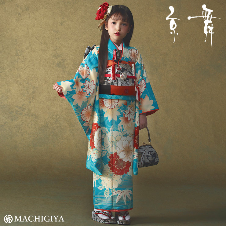 \22周年記念大感謝祭!/【レンタル】七五三 セット 7歳 女の子 着物「桜楓春秋」水色 ブルー 青 クリーム色 花模様 可愛い 花柄 吉祥 アンティーク風 京舞 Y-2 フルセット 振袖 セット 四つ身 753 女児 子供用 キッズ こども お祝い着 送料無料 ブランド (ym507s)|街着屋 ~きもの遊び~